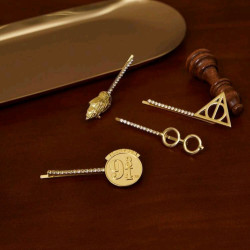 Set 4 Pasadores de Cabello Harry Potter - Lentes, Plataforma 9 3/4, Reliquias y Hedwig