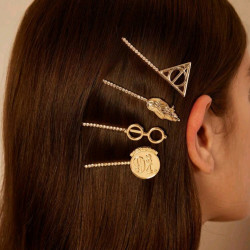 Set 4 Pasadores de Cabello Harry Potter - Lentes, Plataforma 9 3/4, Reliquias y Hedwig