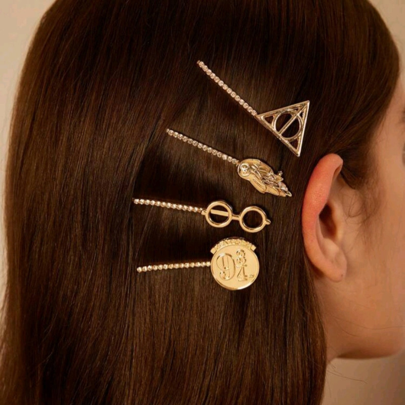 Set 4 Pasadores de Cabello Harry Potter - Lentes, Plataforma 9 3/4, Reliquias y Hedwig
